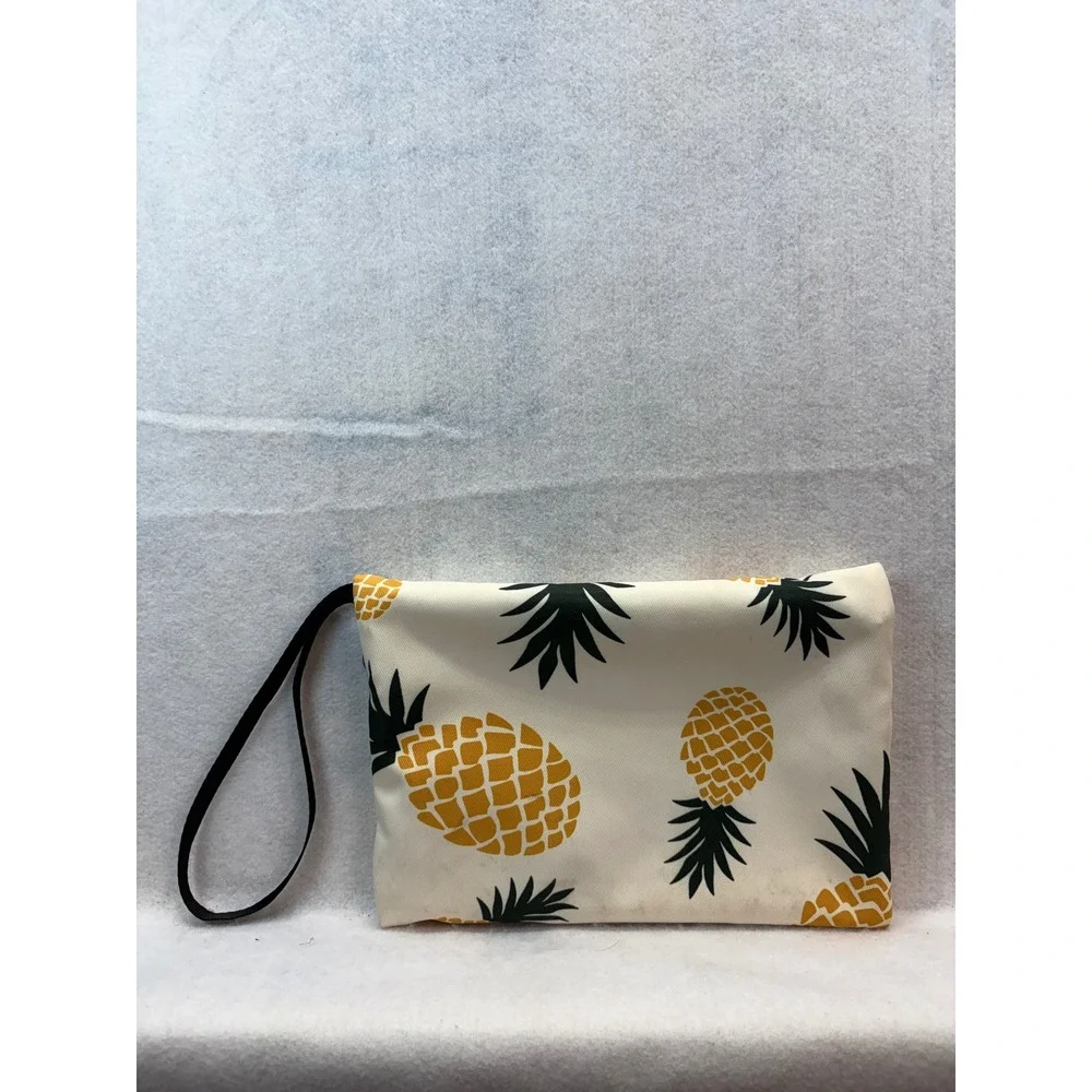 Pineapple Print Canvas Wristlet Pouch Zipper Makeup Travel Bag Cream Yellow